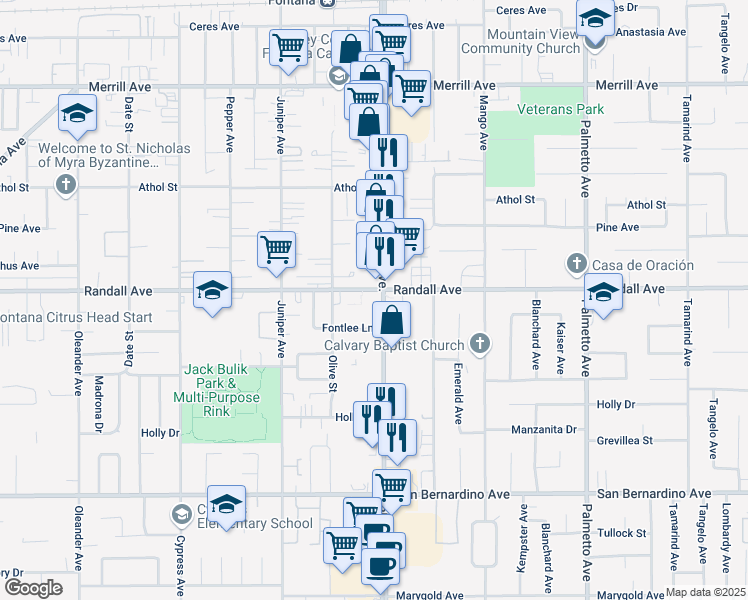 map of restaurants, bars, coffee shops, grocery stores, and more near 9310 Sierra Avenue in Fontana