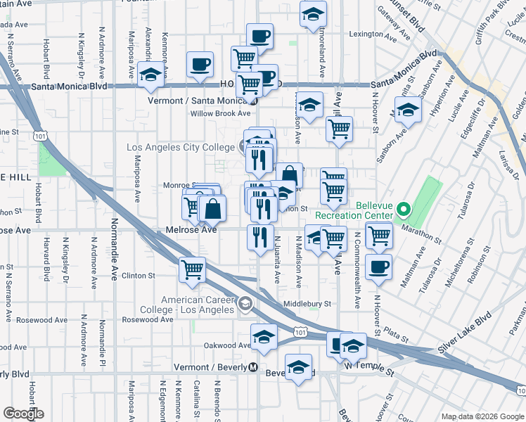 map of restaurants, bars, coffee shops, grocery stores, and more near 720 North Vermont Avenue in Los Angeles
