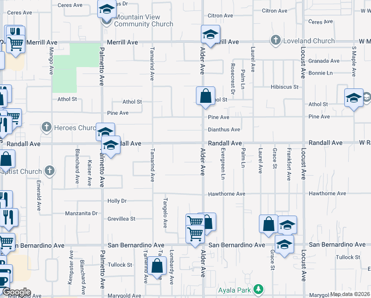 map of restaurants, bars, coffee shops, grocery stores, and more near 17631 Randall Avenue in Fontana