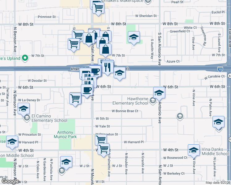 map of restaurants, bars, coffee shops, grocery stores, and more near 946 West La Deney Drive in Ontario