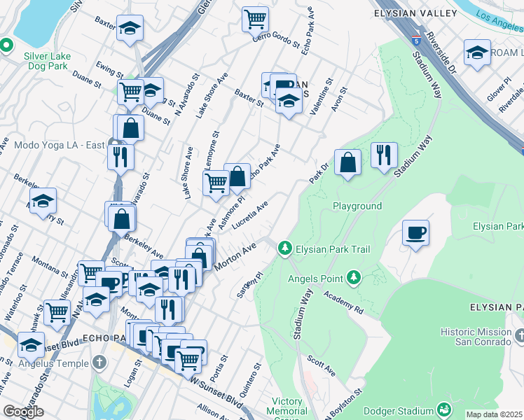 map of restaurants, bars, coffee shops, grocery stores, and more near 1850 Lucretia Avenue in Los Angeles