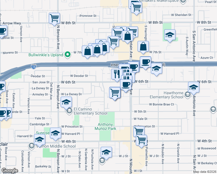 map of restaurants, bars, coffee shops, grocery stores, and more near 1448 North Elderberry Avenue in Ontario