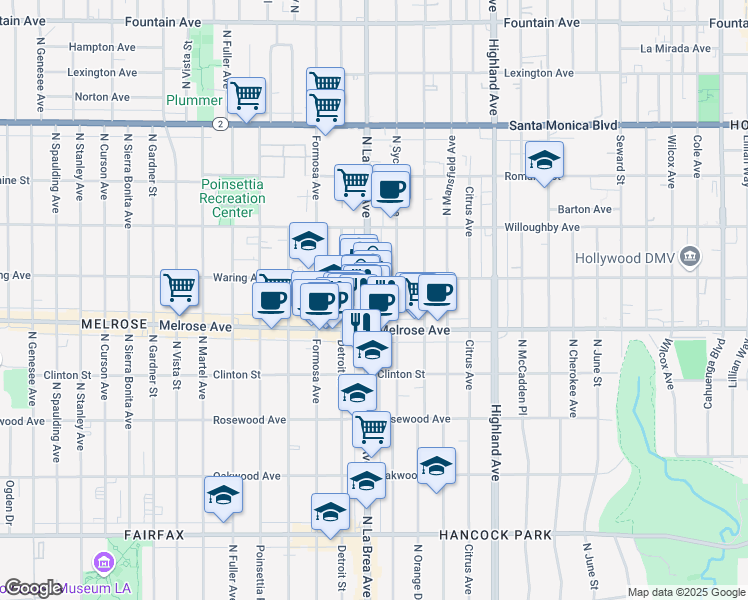 map of restaurants, bars, coffee shops, grocery stores, and more near 730 North La Brea Avenue in Los Angeles