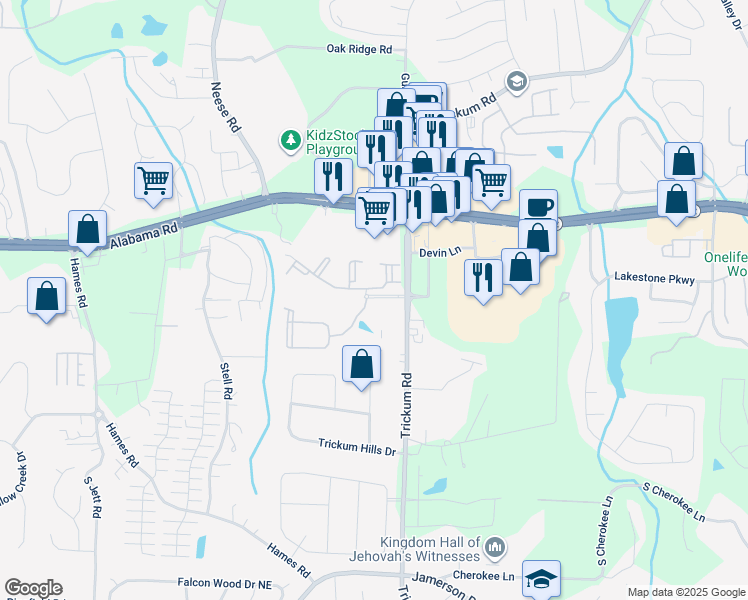 map of restaurants, bars, coffee shops, grocery stores, and more near 27 Trickum Road in Woodstock