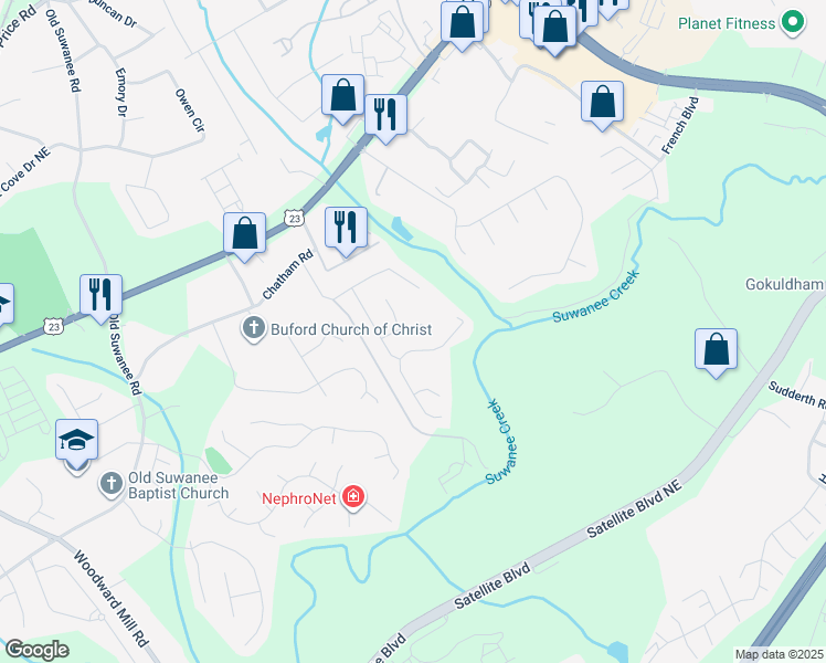 map of restaurants, bars, coffee shops, grocery stores, and more near 1265 Brynhill Court in Buford