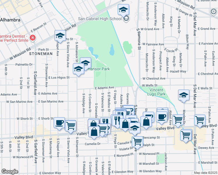 map of restaurants, bars, coffee shops, grocery stores, and more near South El Molino Street in Alhambra