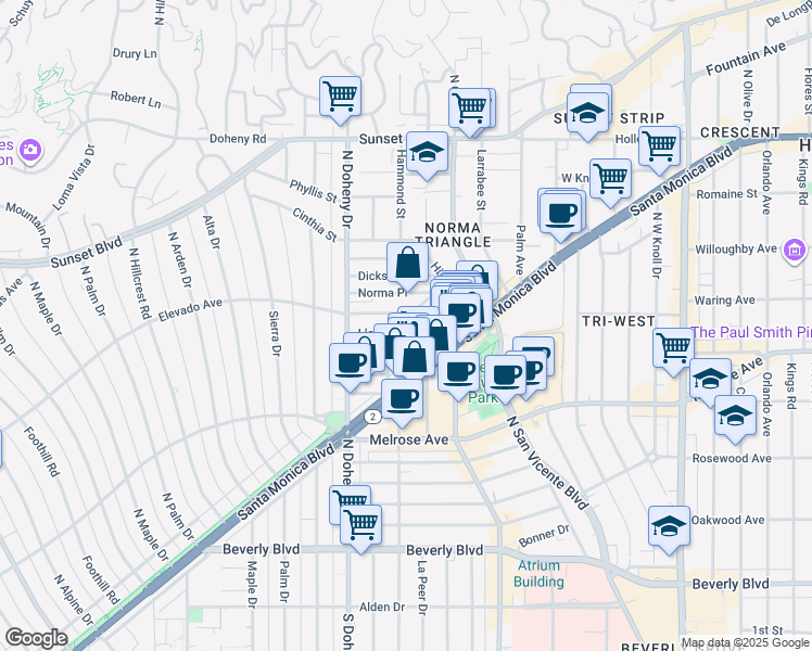 map of restaurants, bars, coffee shops, grocery stores, and more near 9004 Lloyd Place in West Hollywood