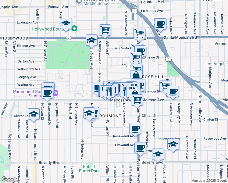 map of restaurants, bars, coffee shops, grocery stores, and more near 733 North Gramercy Place in Los Angeles