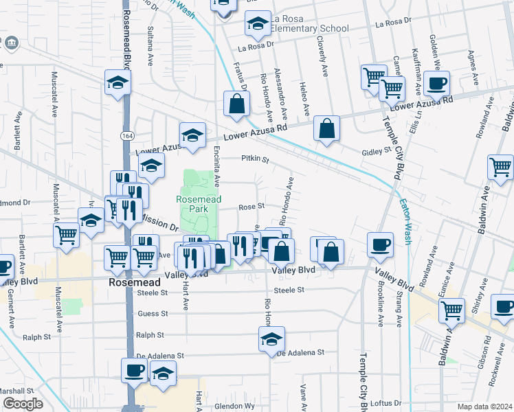 map of restaurants, bars, coffee shops, grocery stores, and more near Rose Street in Rosemead