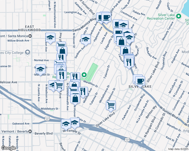 map of restaurants, bars, coffee shops, grocery stores, and more near 843 Maltman Avenue in Los Angeles