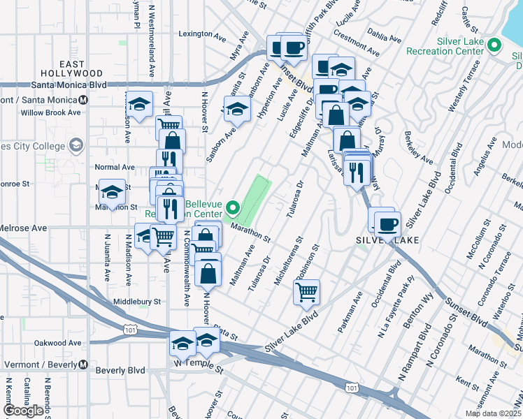 map of restaurants, bars, coffee shops, grocery stores, and more near 843 Maltman Avenue in Los Angeles