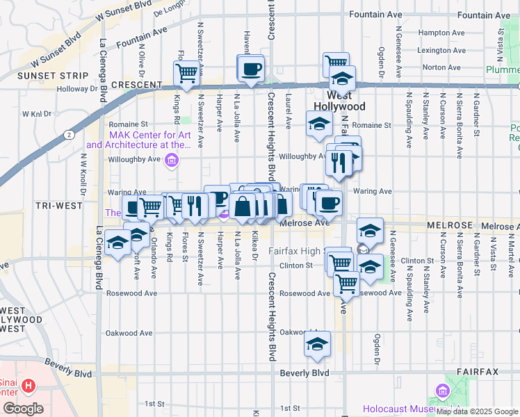 map of restaurants, bars, coffee shops, grocery stores, and more near 722 North Kilkea Drive in Los Angeles