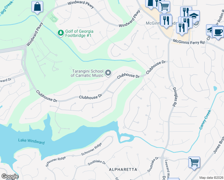 map of restaurants, bars, coffee shops, grocery stores, and more near 1 Clubhouse Drive in Alpharetta