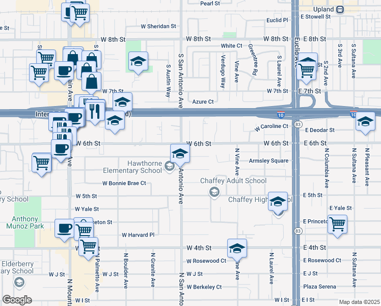map of restaurants, bars, coffee shops, grocery stores, and more near 650 West La Deney Drive in Ontario