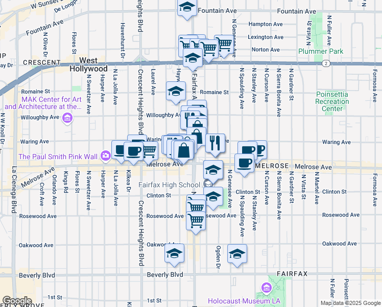 map of restaurants, bars, coffee shops, grocery stores, and more near in Los Angeles