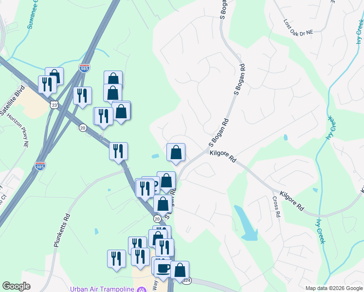 map of restaurants, bars, coffee shops, grocery stores, and more near 3653 Aspen Court in Buford