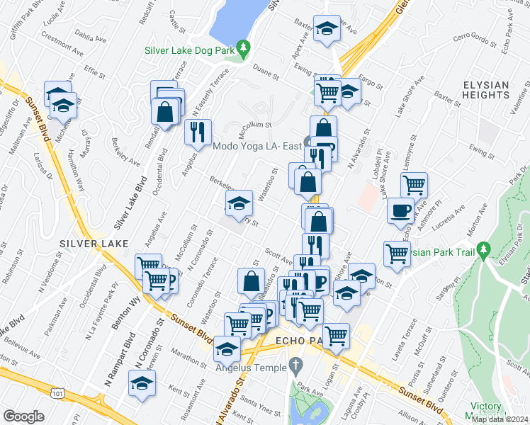 map of restaurants, bars, coffee shops, grocery stores, and more near 2320 Berkeley Avenue in Los Angeles