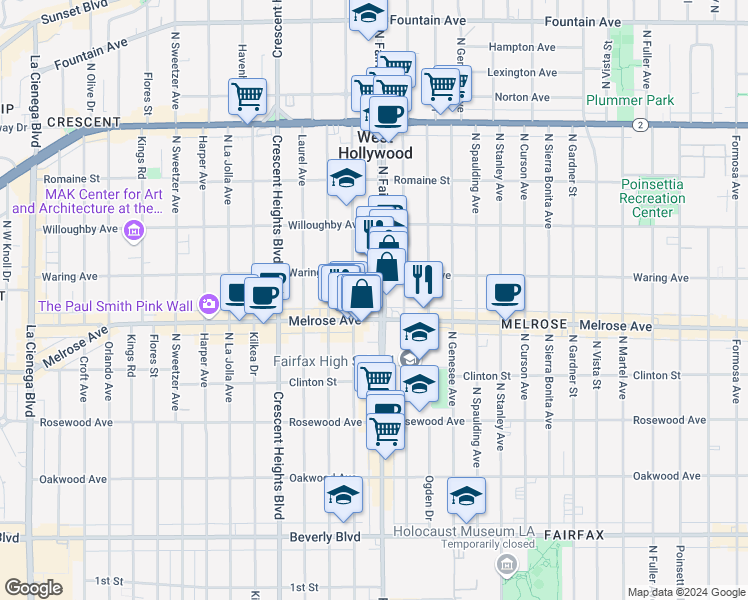 map of restaurants, bars, coffee shops, grocery stores, and more near 723 North Fairfax Avenue in Los Angeles