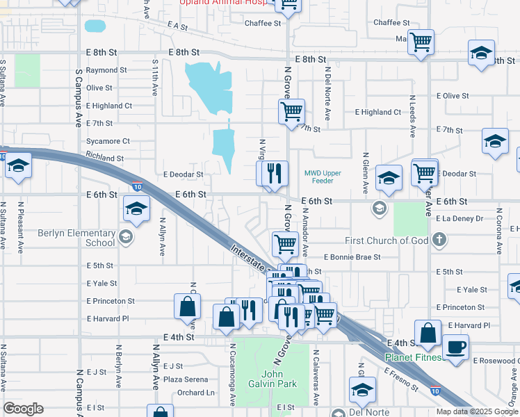 map of restaurants, bars, coffee shops, grocery stores, and more near East La Deney Court in Ontario