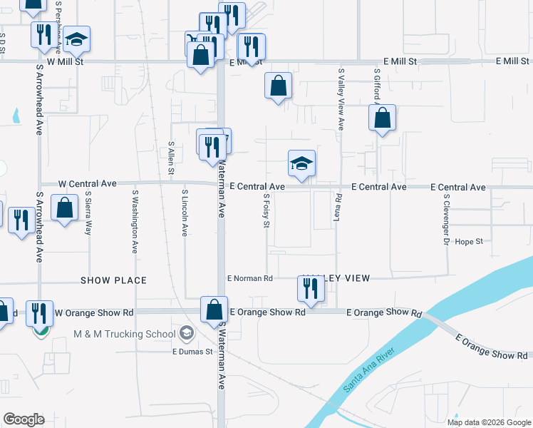 map of restaurants, bars, coffee shops, grocery stores, and more near 976 South Foisy Street in San Bernardino