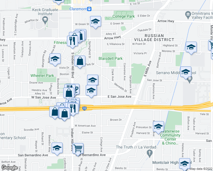 map of restaurants, bars, coffee shops, grocery stores, and more near 631 Citadel Avenue in Claremont