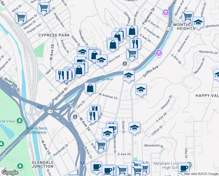 map of restaurants, bars, coffee shops, grocery stores, and more near 153 West Avenue 34 in Los Angeles