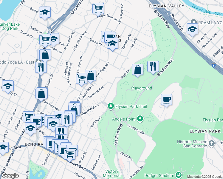 map of restaurants, bars, coffee shops, grocery stores, and more near 1860 Morton Avenue in Los Angeles