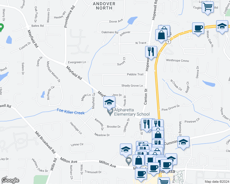 map of restaurants, bars, coffee shops, grocery stores, and more near 203 Jere Drive in Alpharetta