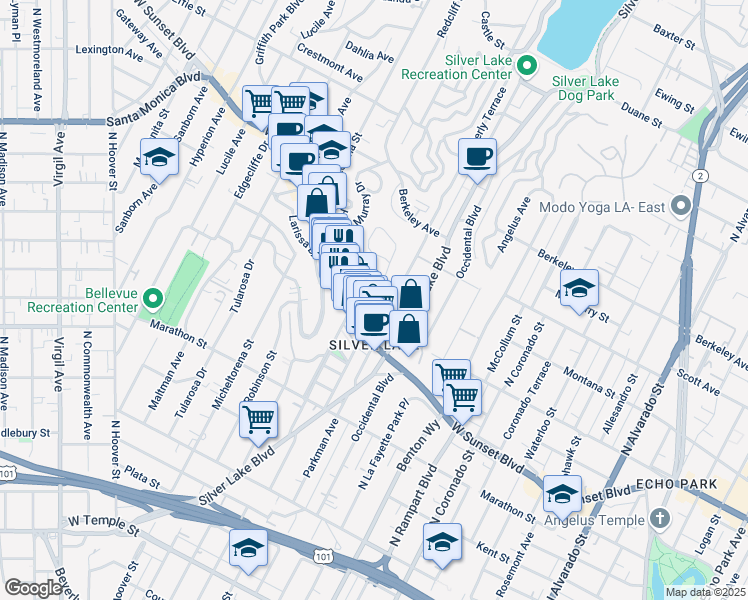 map of restaurants, bars, coffee shops, grocery stores, and more near 1227 Westerly Terrace in Los Angeles