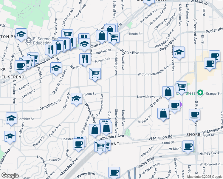 map of restaurants, bars, coffee shops, grocery stores, and more near 3330 Dorchester Avenue in Los Angeles