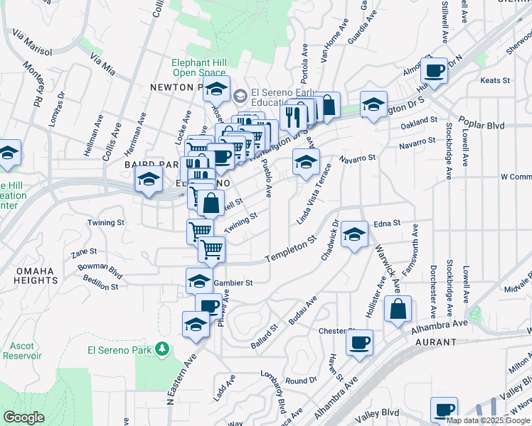 map of restaurants, bars, coffee shops, grocery stores, and more near 4986 Twining Street in Los Angeles
