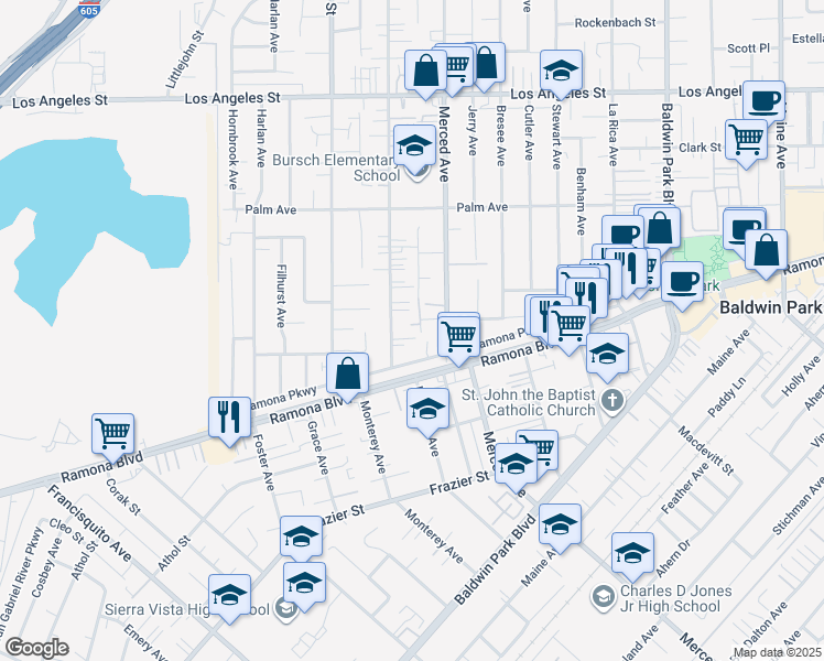 map of restaurants, bars, coffee shops, grocery stores, and more near 3993 Kenmore Avenue in Baldwin Park