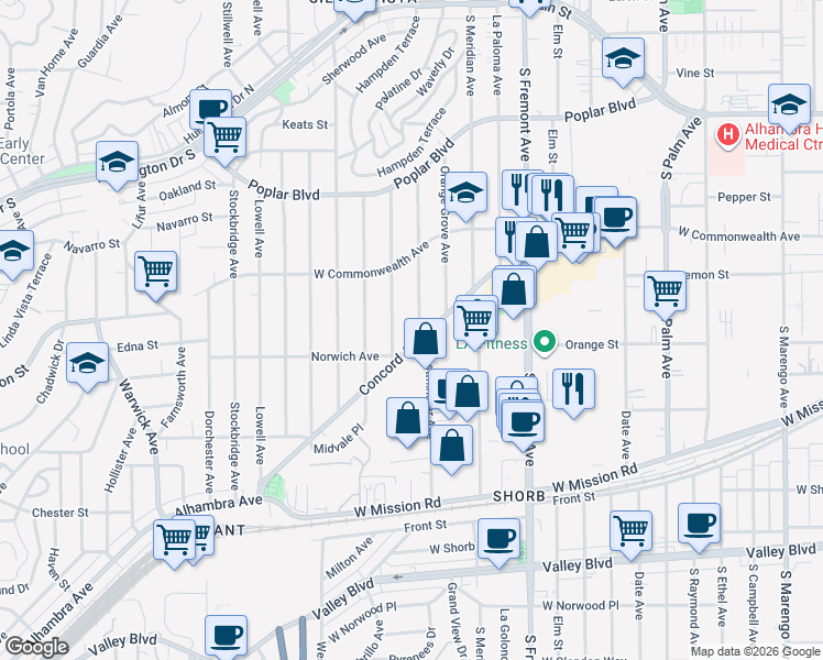 map of restaurants, bars, coffee shops, grocery stores, and more near 819 Westminster Avenue in Alhambra