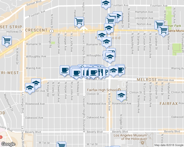 map of restaurants, bars, coffee shops, grocery stores, and more near 724 North Laurel Avenue in Los Angeles