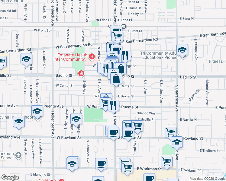 map of restaurants, bars, coffee shops, grocery stores, and more near 215 South Citrus Avenue in Covina