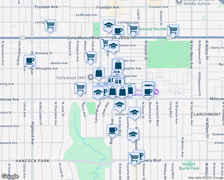 map of restaurants, bars, coffee shops, grocery stores, and more near 727 Vine Street in Los Angeles