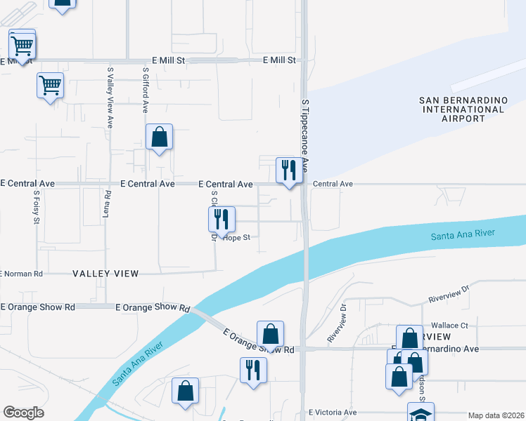 map of restaurants, bars, coffee shops, grocery stores, and more near 895 South Sunnyside Avenue in San Bernardino