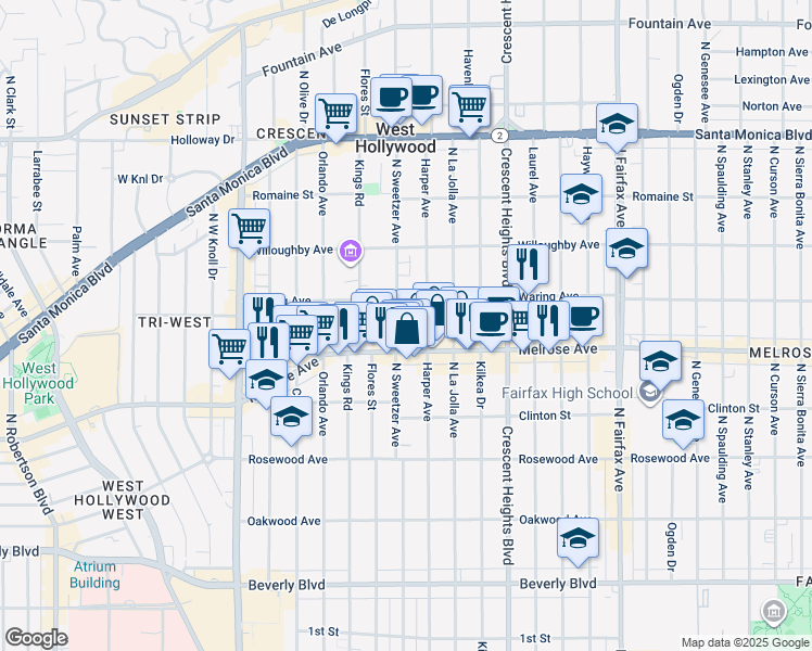 map of restaurants, bars, coffee shops, grocery stores, and more near 728 North Sweetzer Avenue in Los Angeles