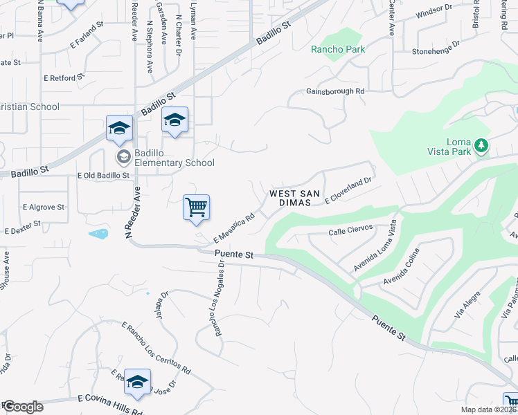 map of restaurants, bars, coffee shops, grocery stores, and more near 20851 East Mesarica Road in Covina