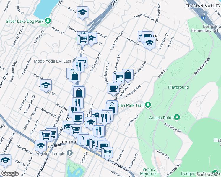 map of restaurants, bars, coffee shops, grocery stores, and more near 1802 Effie Street in Los Angeles