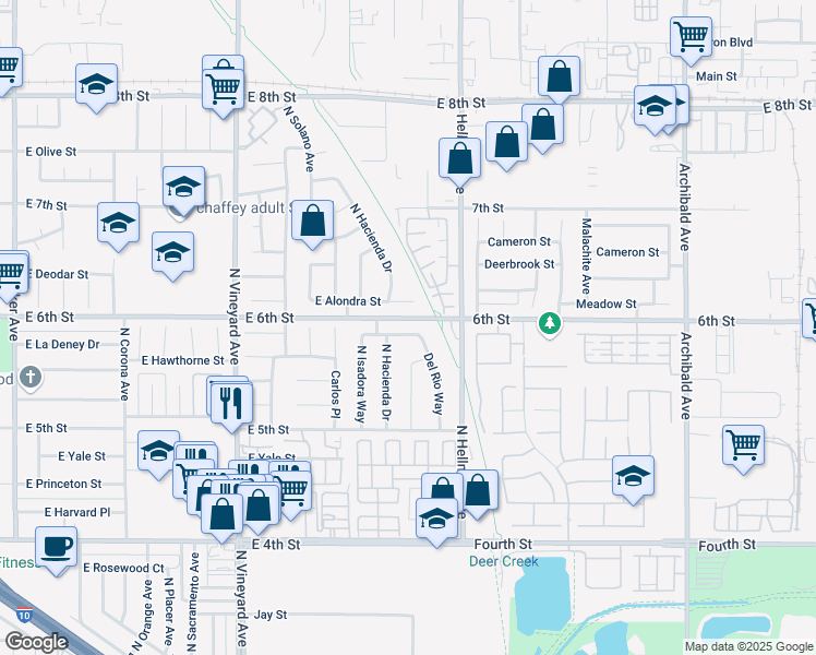 map of restaurants, bars, coffee shops, grocery stores, and more near 2209 East La Deney Way in Ontario