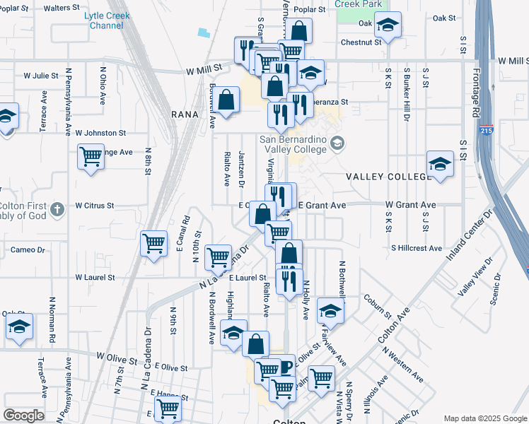 map of restaurants, bars, coffee shops, grocery stores, and more near 1481 North La Cadena Drive in Colton