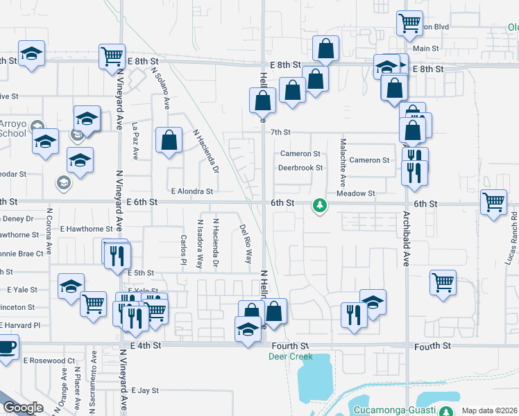 map of restaurants, bars, coffee shops, grocery stores, and more near 9318 Hellman Avenue in Rancho Cucamonga