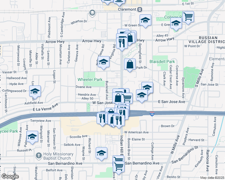 map of restaurants, bars, coffee shops, grocery stores, and more near 613 South Indian Hill Boulevard in Claremont