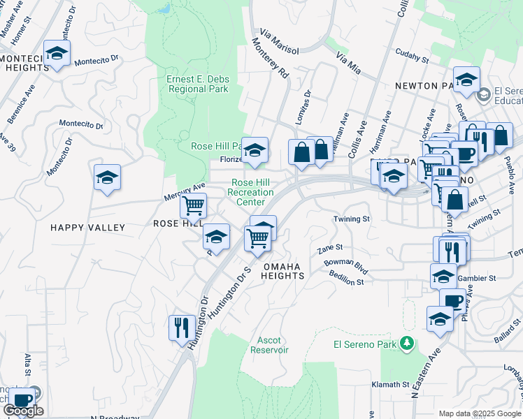 map of restaurants, bars, coffee shops, grocery stores, and more near 4536 Huntington Drive North in Los Angeles