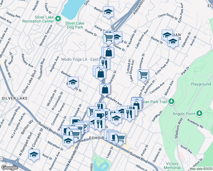 map of restaurants, bars, coffee shops, grocery stores, and more near 1637 North Alvarado Street in Los Angeles