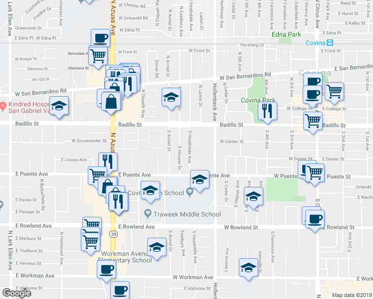 map of restaurants, bars, coffee shops, grocery stores, and more near 231 South Heathdale Avenue in Covina
