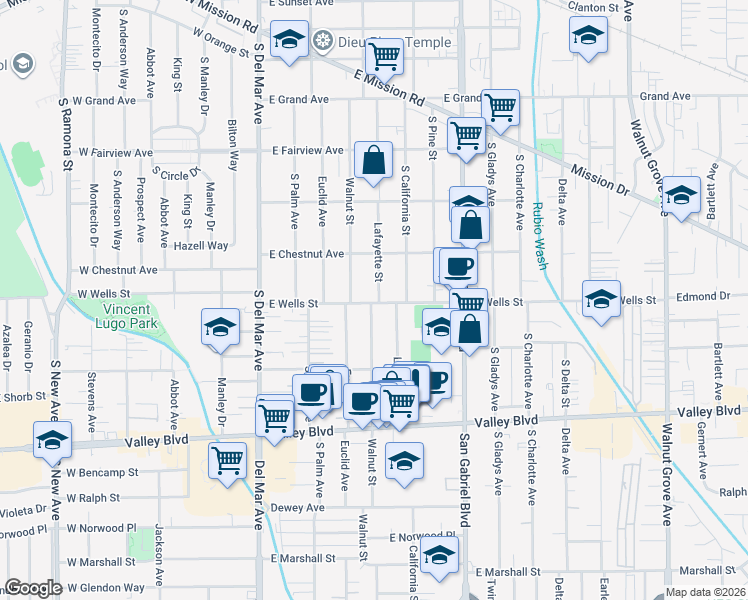 map of restaurants, bars, coffee shops, grocery stores, and more near 1245 Lafayette Street in San Gabriel