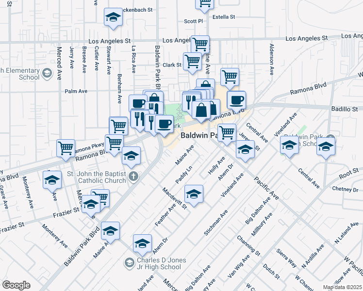map of restaurants, bars, coffee shops, grocery stores, and more near 3921 Maine Avenue in Baldwin Park