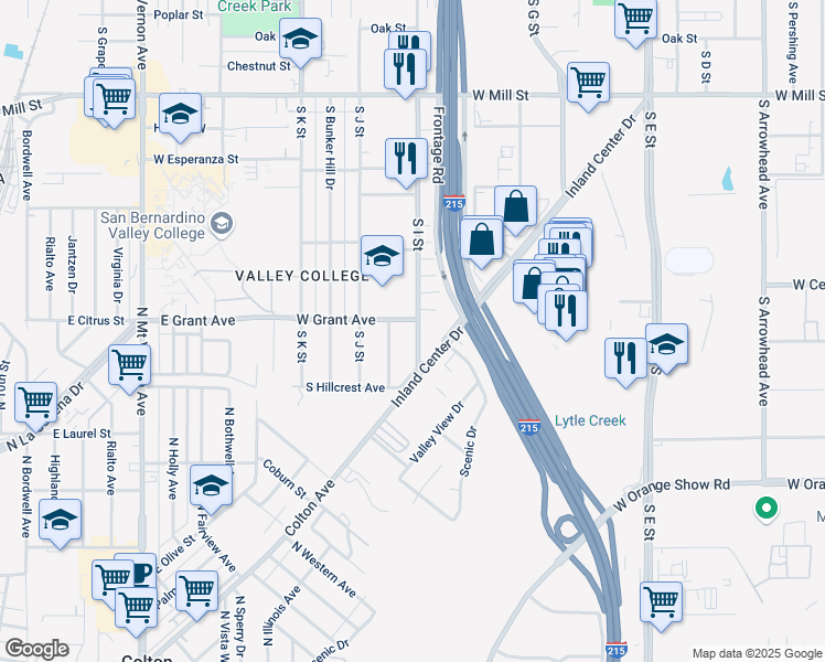 map of restaurants, bars, coffee shops, grocery stores, and more near 812 South I Street in San Bernardino